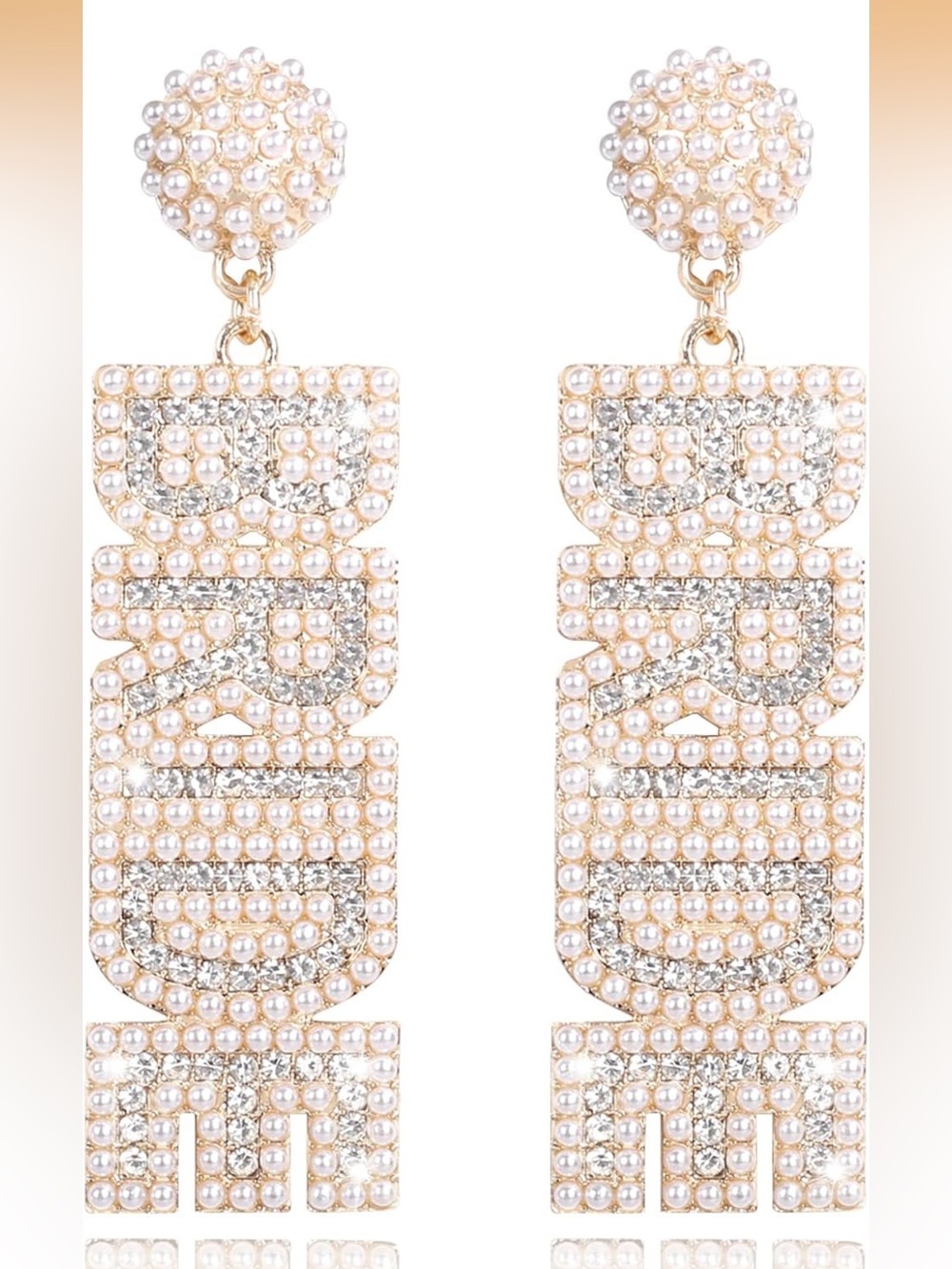 Anthropologie Gold and Pearl 'BRIDE' Crystal Drop Earrings - Picture 4 of 4